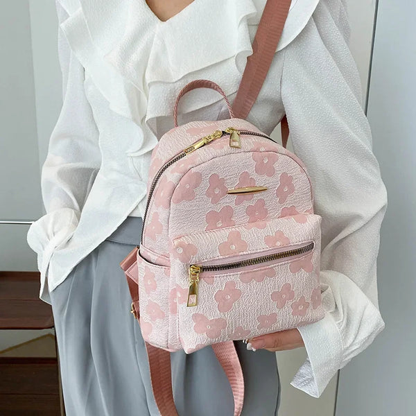 PU Leather Shoulder Multi-Function Flower Print Mini Backpack