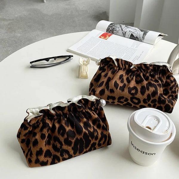 Pearl Pouch Leopard Printed Cosmetic Bag